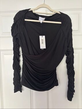 Who What Wear Black Ruched Draped Long-Sleeve Blouse